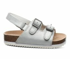 Deals 👍 Girls' Bearpaw Toddler & Little Kid Brooklyn Footbed 🩴 Sandals White Metallic 😉