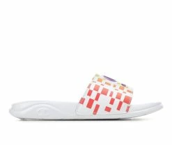 Best deal ❤️ Girls' Champion Little Kid & Big Kid Mega Slide Graph Sport Slides White/Rainbow ⌛